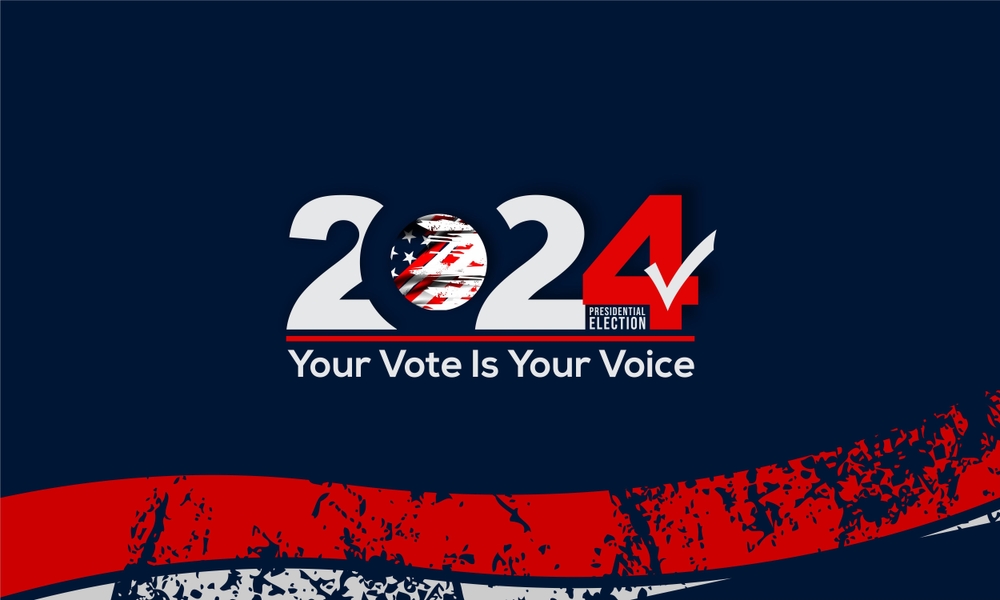 2024 Presidential Election logo with Your Vote Is Your Voice text, American flag inside the number zero, and a red checkmark in the number four, on a dark blue background with red and white paint streaks.
