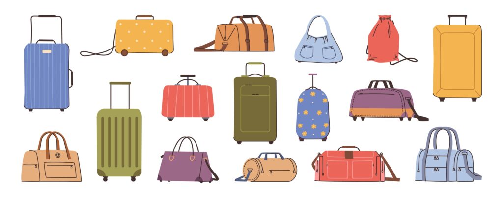 A collection of various suitcases, duffel bags, backpacks, and handbags in different colors, patterns, and styles, all arranged in two rows on a white background.