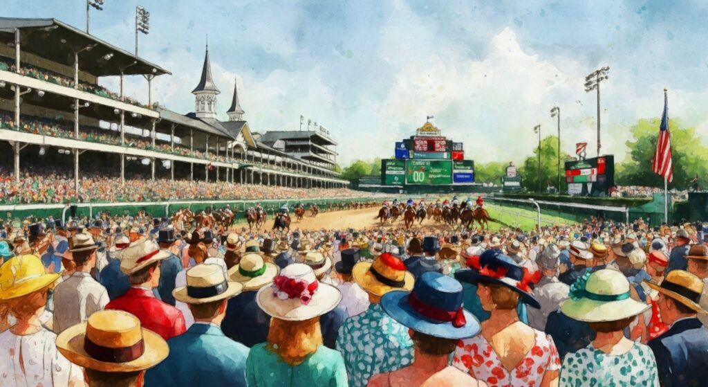 A large crowd in colorful hats watches a horse race at a famous racetrack with twin spires, packed grandstands, and a scoreboard under a clear sky. The atmosphere is festive and lively.