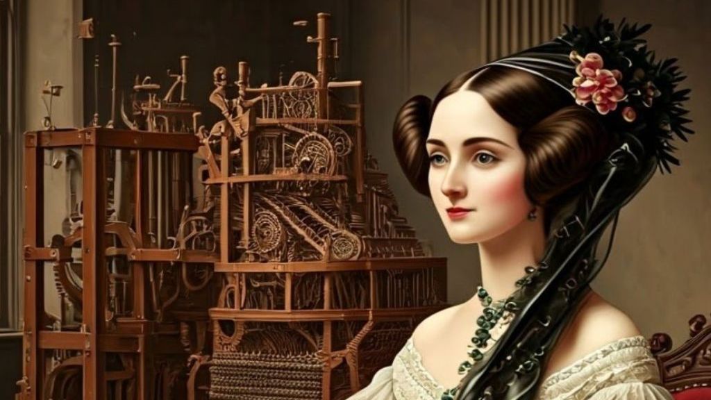 A woman in Victorian attire with elaborate hair and a flower accessory stands in front of a large, intricate mechanical machine with many gears and levers in a historical setting.