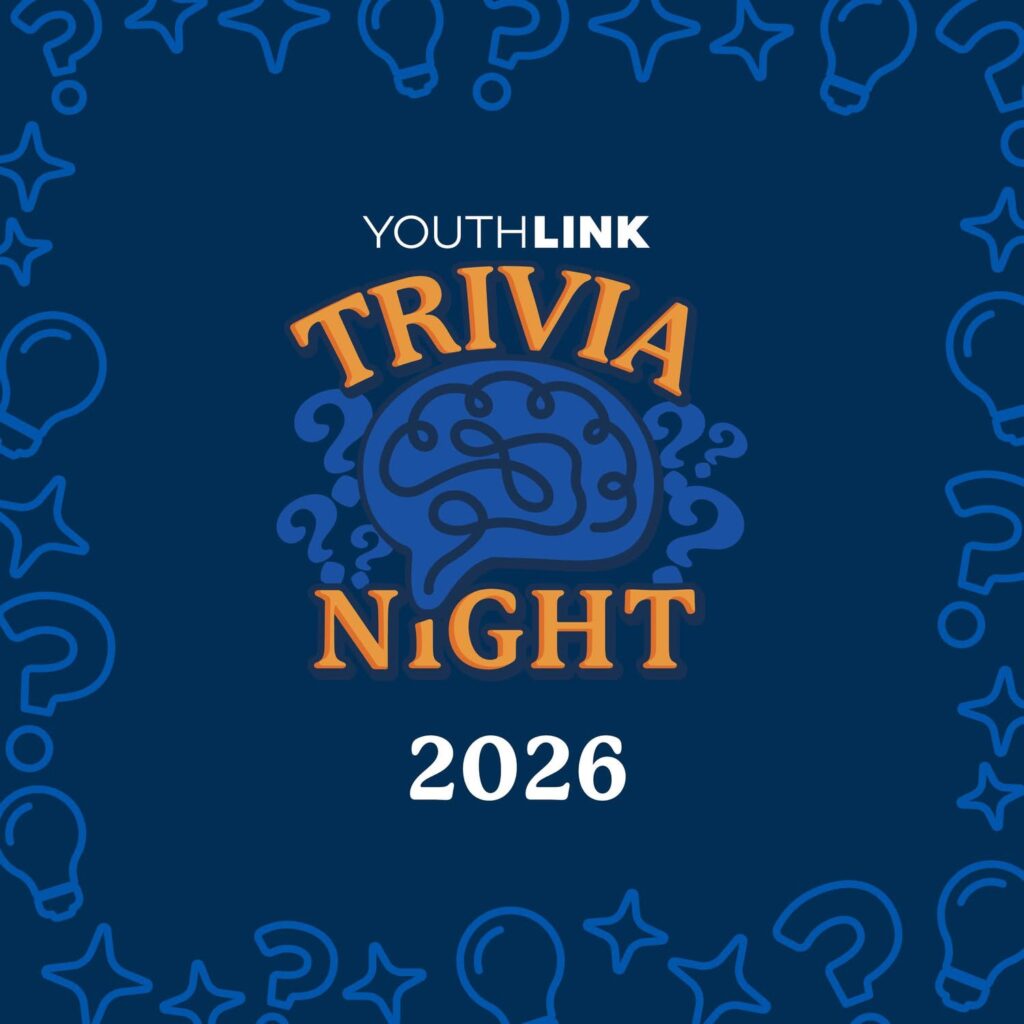 A dark blue graphic with light blue outlines of question marks, stars, and light bulbs. Center text reads YOUTHLINK TRIVIA NIGHT 2026 with a brain and question mark illustration in the middle.