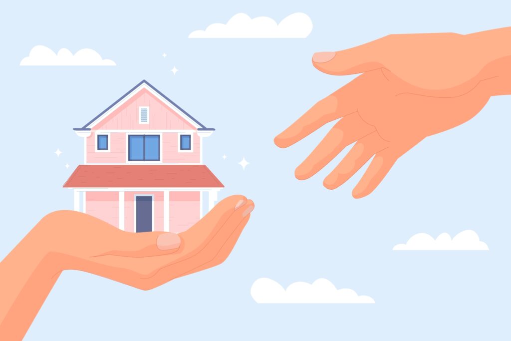An illustration of a hand holding a small house while another hand reaches toward it, set against a sky with clouds, symbolizing giving or receiving a home.