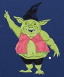 A green goblin with pointy ears, sharp teeth, and a big belly wears a pink vest, black shorts, and a tall black hat while raising one hand and smiling mischievously against a blue background.