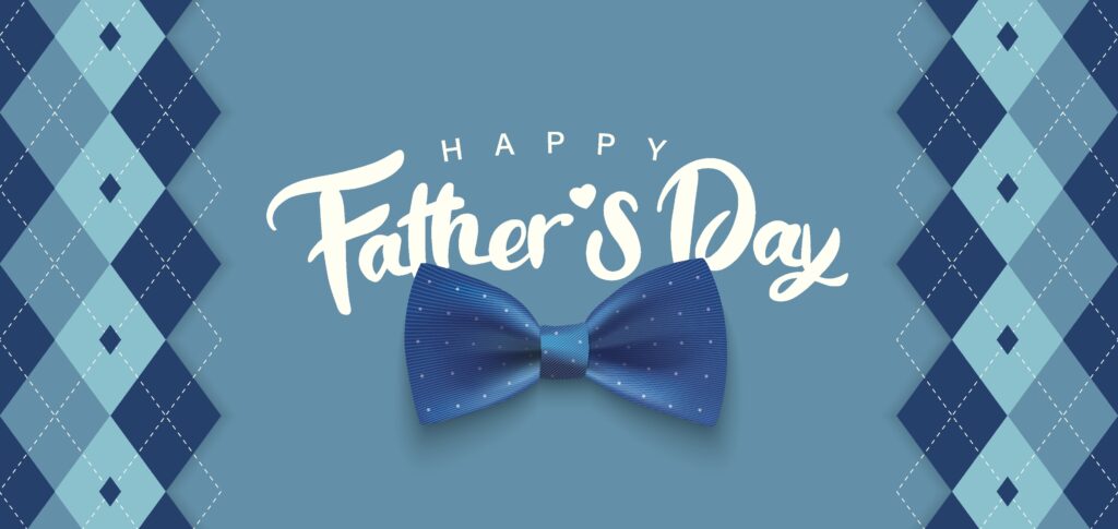 Happy Fathers Day text on a blue background with a blue bow tie in the center and diamond-patterned borders on each side.
