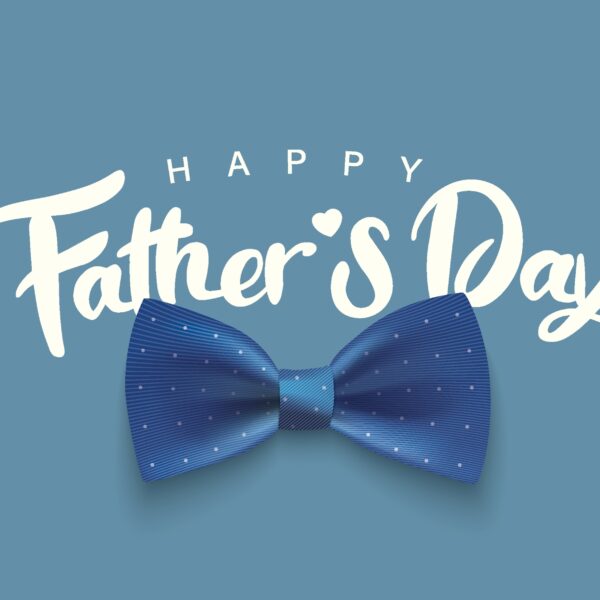 Happy Fathers Day text on a blue background with a blue bow tie in the center and diamond-patterned borders on each side.