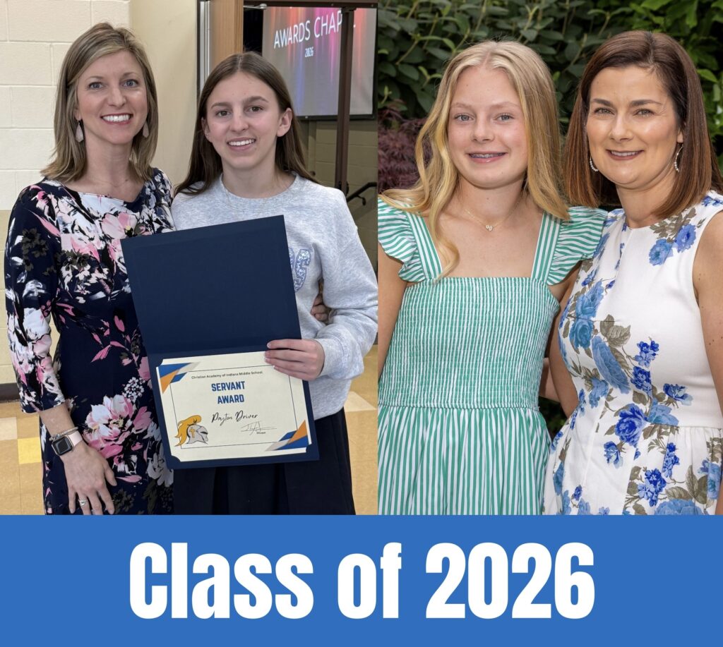 Two side-by-side photos: on the left, a student holds a Servant Award certificate while standing next to a smiling woman; on the right, two girls and a woman pose together; text below reads Class of 2026.