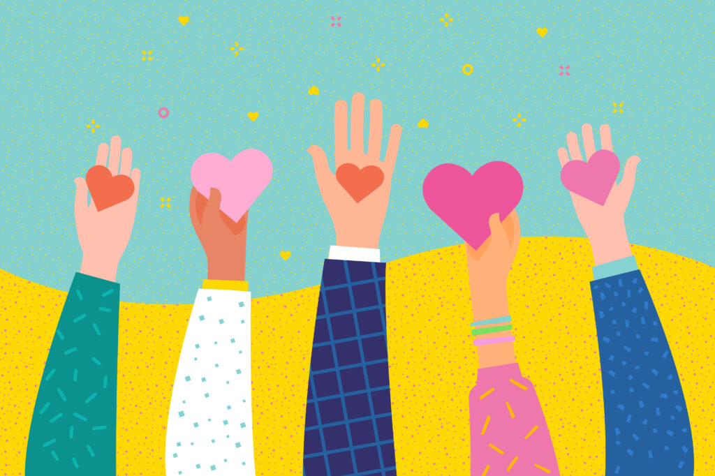 Four diverse hands are raised against a bright background, each holding or featuring a heart shape, symbolizing love, kindness, and unity. The background is blue with yellow accents and abstract patterns.