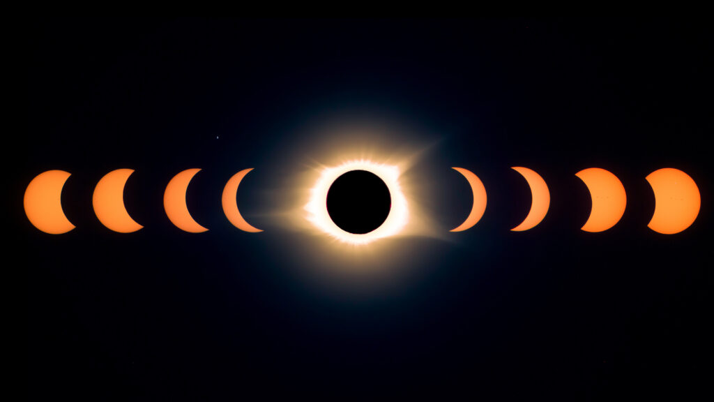 A composite image shows the stages of a solar eclipse, with the moon gradually covering and then uncovering the sun. The center shows the total eclipse, with the sun’s corona glowing around the blackened moon.