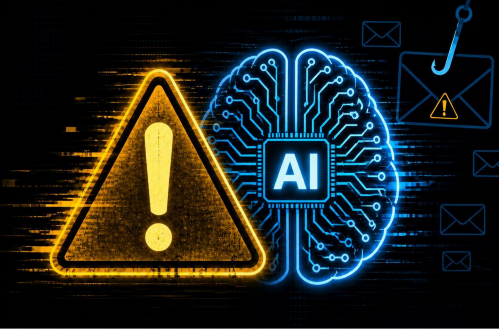 A glowing yellow warning sign with an exclamation mark appears beside a digital brain labeled AI, suggesting artificial intelligence risks. Envelope and phishing icons are in the background.