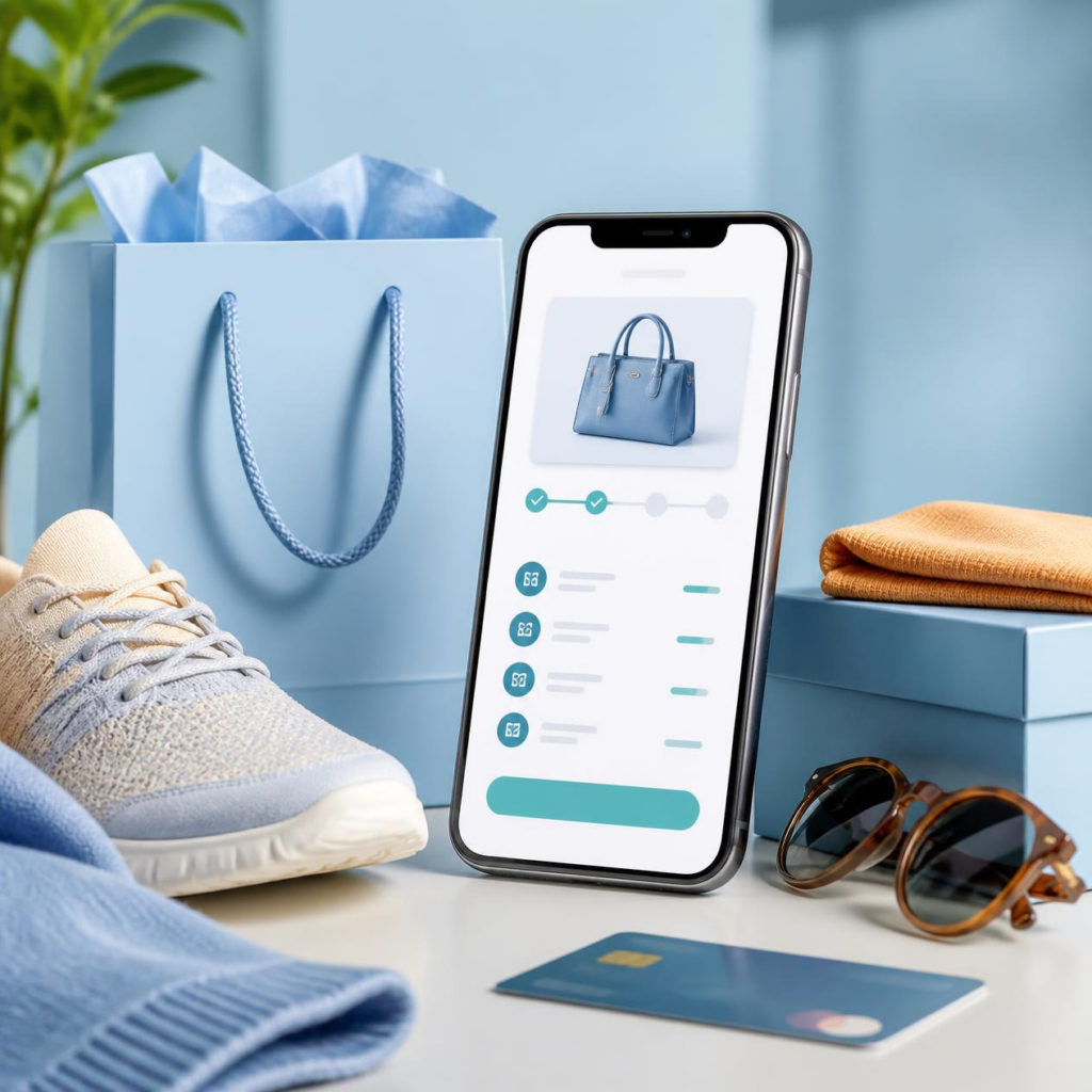 A smartphone displaying a blue handbag on an online shopping app sits on a desk with a blue shopping bag, sneaker, credit card, sunglasses, and clothes nearby.