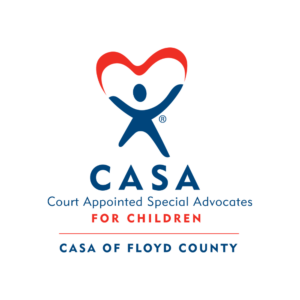 CASA logo featuring a stylized person with arms raised, forming a red heart above. Text reads: CASA Court Appointed Special Advocates FOR CHILDREN CASA OF FLOYD COUNTY, championing ethical wealth management for brighter futures.
