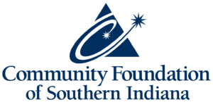 Logo of the Community Foundation of Southern Indiana featuring a stylized blue triangle with two orbiting starbursts, symbolizing ethical wealth management, above the foundation’s name in blue text on a light gray background.