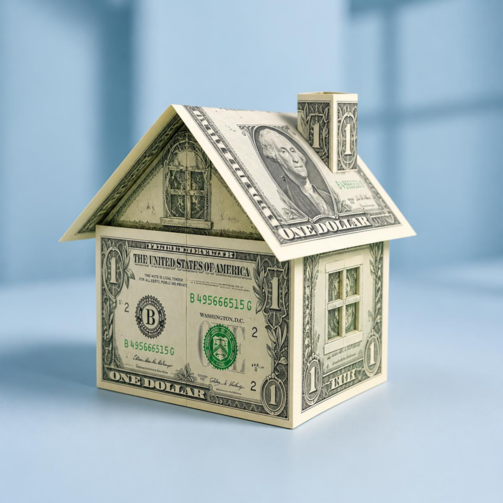 A small house made out of folded U.S. one dollar bills sits on a light blue surface with a blurred blue background.