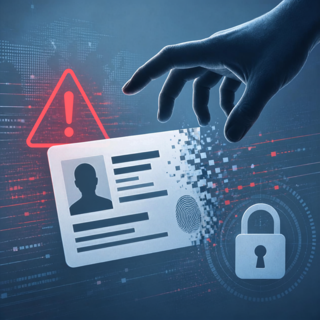 A hand reaches for a pixelated ID card with a red warning symbol, representing data theft. A padlock icon symbolizes digital security, set against a dark, tech-themed background.