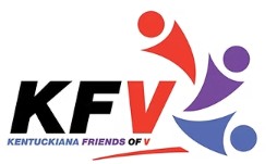 Logo with the text “KFV Kentuckiana Friends of V.” To the right, three abstract human figures in red and purple form a circular shape, symbolizing unity, community, and ethical wealth management.