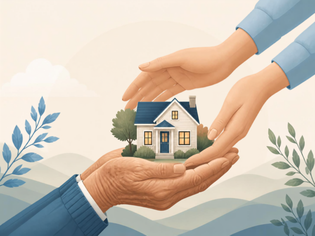 Two pairs of hands gently cradle a small house, symbolizing care or the transfer of homeownership. Blue leaves decorate the sides, with a soft, pastel landscape in the background.