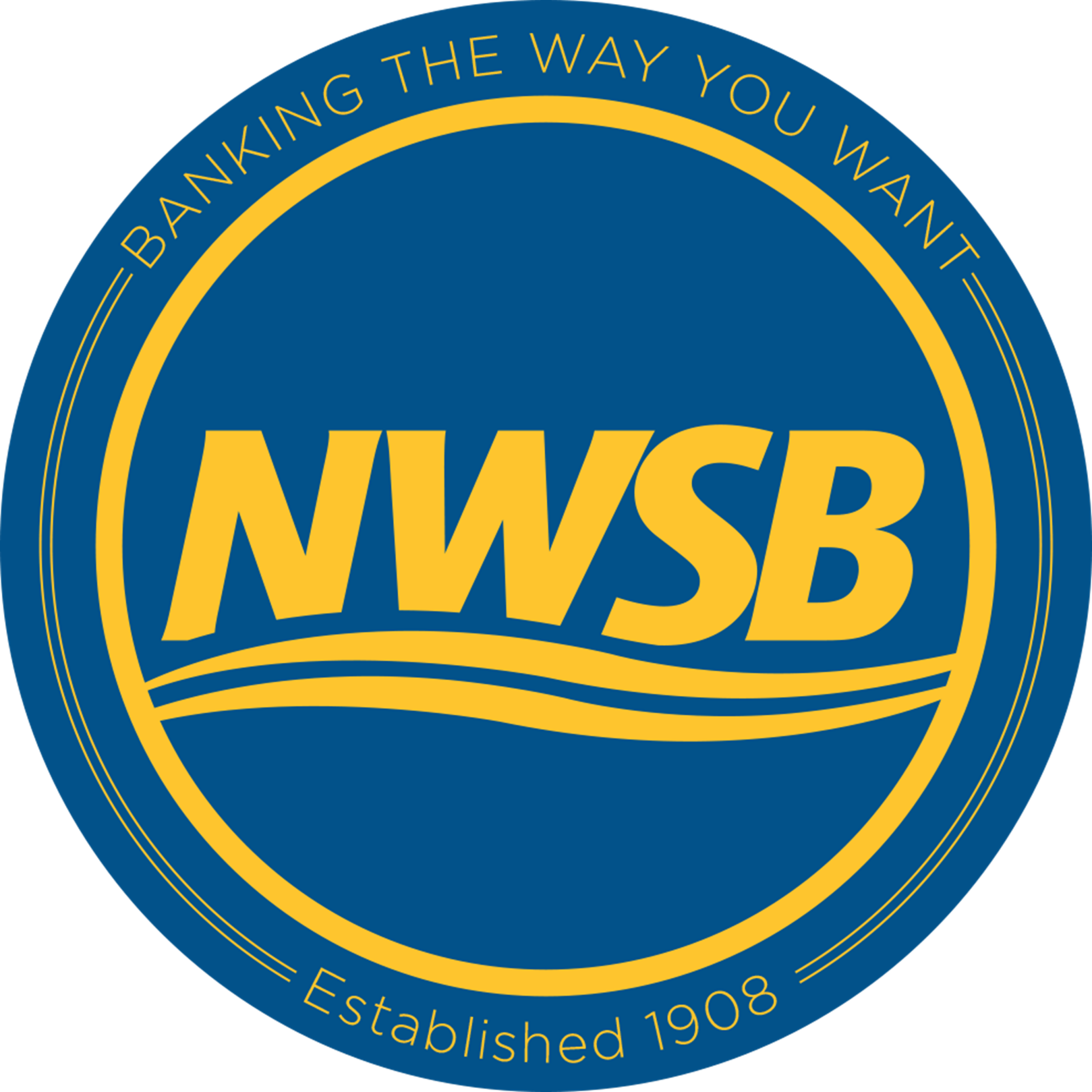 A blue and yellow circular logo with NWSB in bold yellow letters, a yellow wave below, and the phrases Banking The Way You Want and Established 1908 around the edges, highlighting our connection with Axiom FSG strategic partners.