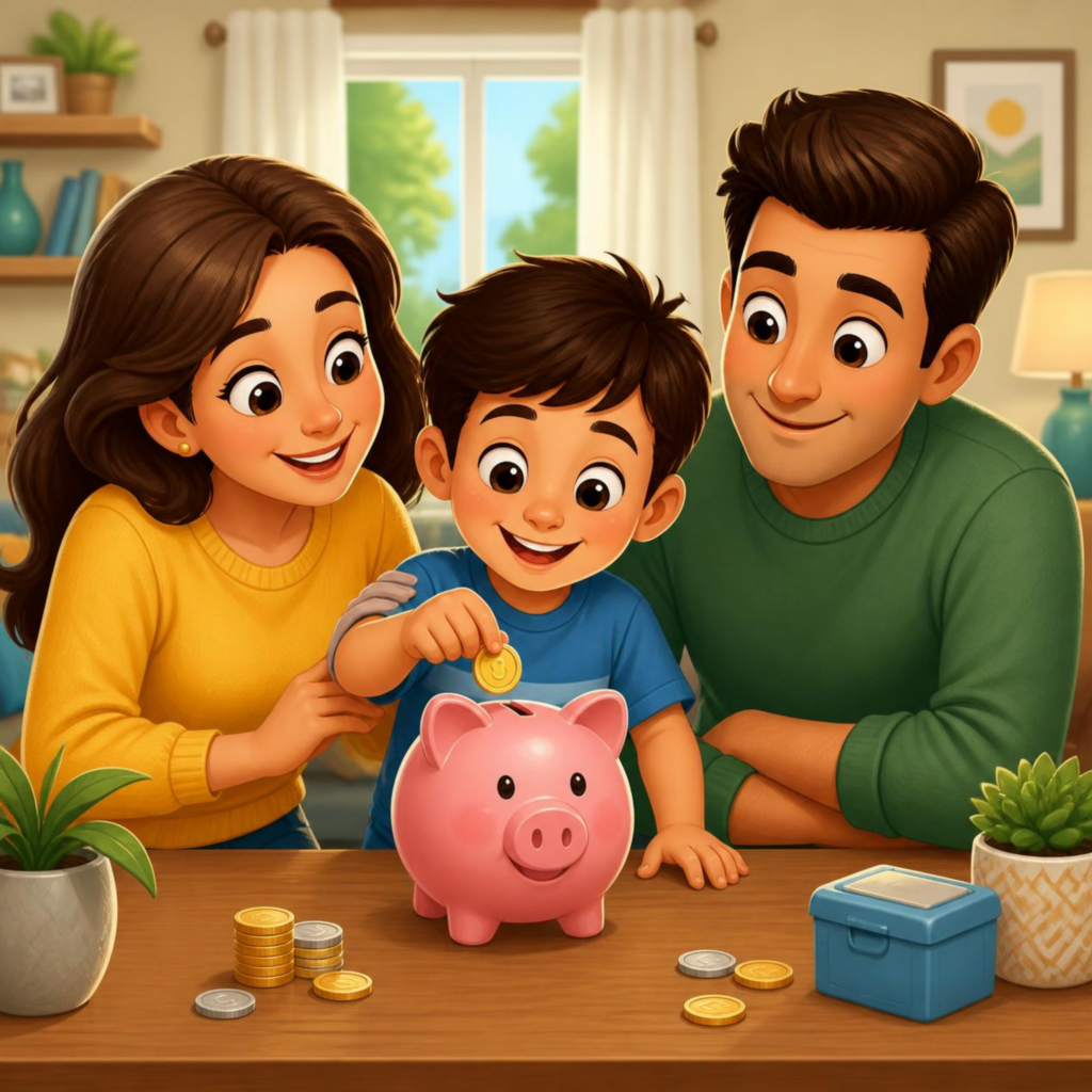 A smiling child puts a coin into a pink piggy bank, with an encouraging woman and man beside him. They sit at a wooden table with stacked coins. The background shows a cozy, sunlit living room.