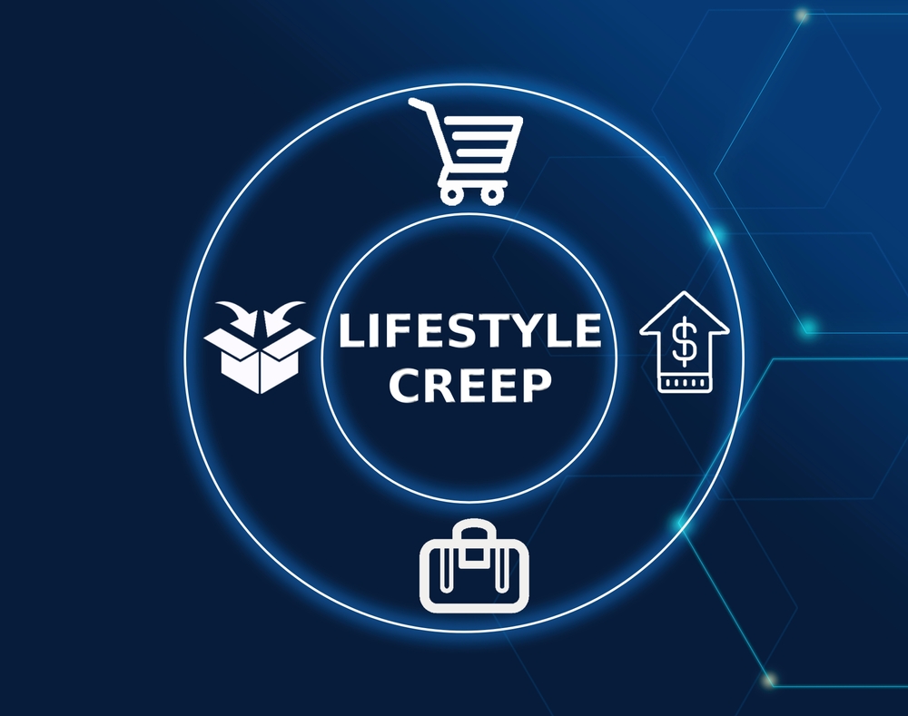 A graphic with Lifestyle Creep text in the center, surrounded by icons of a shopping cart, an open box, a briefcase, and an upward arrow with a dollar sign, all on a dark blue background.