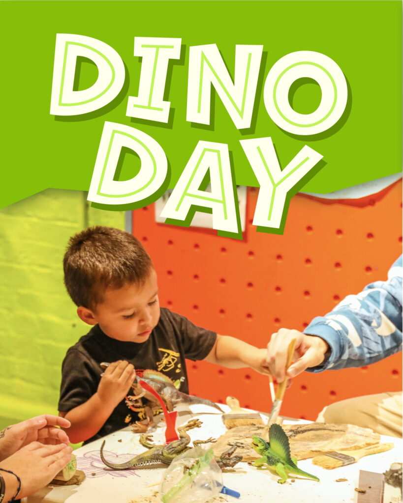 A young child plays with dinosaur toys at a table, helped by adults. The background is colorful, with a green section at the top displaying the bold text DINO DAY..