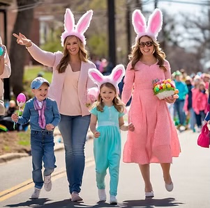 Two women and two children, all wearing bunny ear headbands, walk down a street during a festive parade. One woman holds a basket of eggs, and the group looks cheerful and celebratory.
