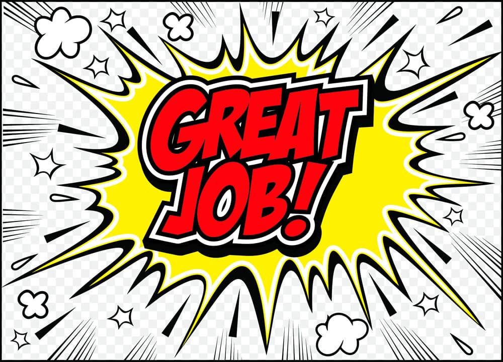Comic-style illustration with the words Great Job! in bold red letters, surrounded by a bright yellow burst and black-and-white cartoon stars, clouds, and lines, creating an energetic, celebratory effect.