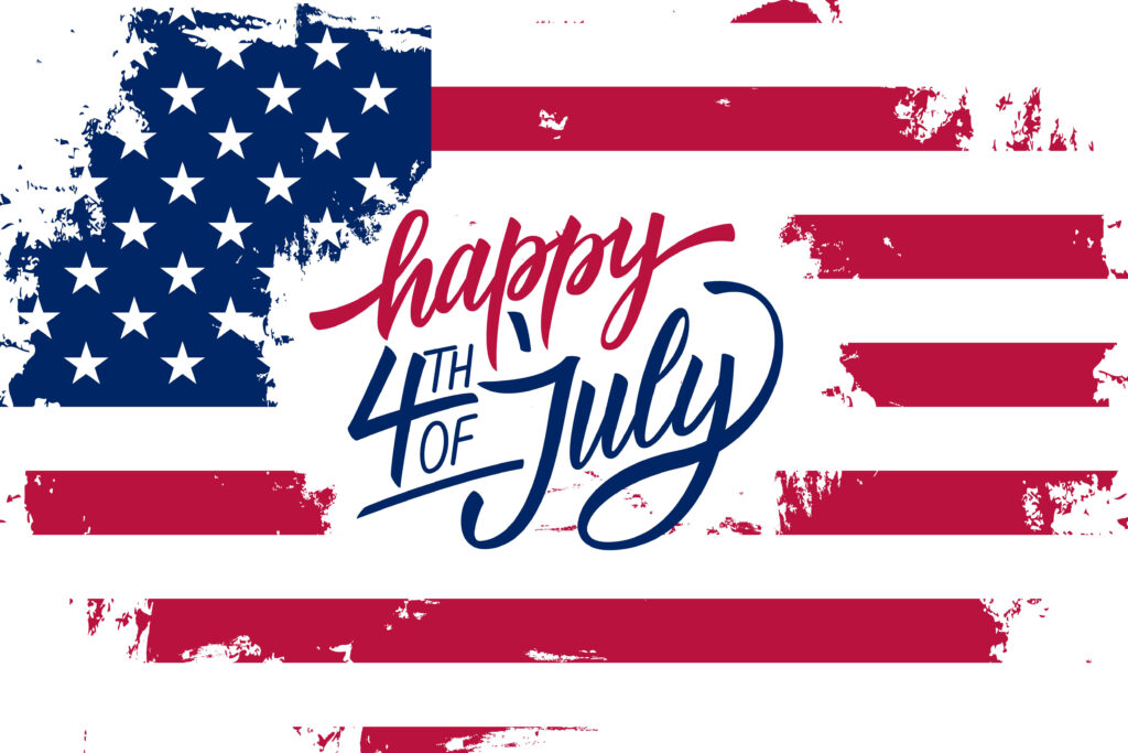 Stylized American flag with red stripes and a blue field of white stars. In the center, “happy 4th of July” is written in festive script, celebrating Independence Day.