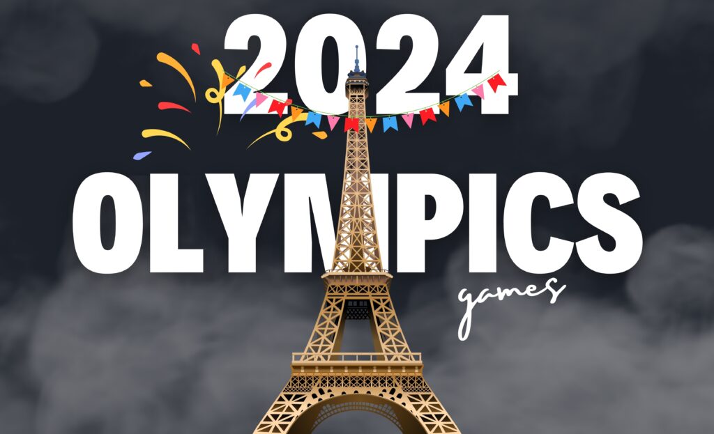 Illustration of the Eiffel Tower with 2024 Olympics Games text, festive confetti, and colorful pennant banners, set against a dark, cloudy background.