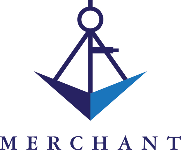 A geometric logo resembling a ship’s bow formed by intersecting navy and blue lines, with the word MERCHANT in capital letters below. The design reflects Axiom FSG strategic partners and suggests themes of navigation or maritime trade.
