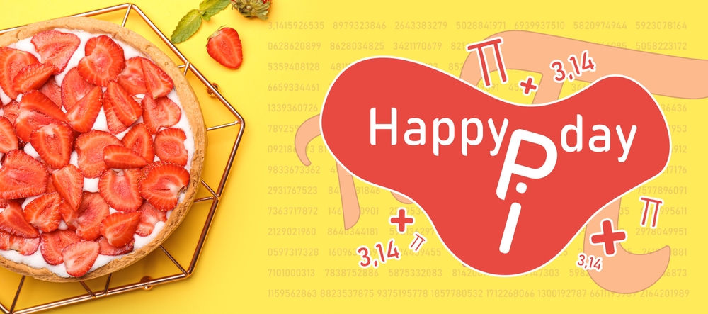 A strawberry pie on a cooling rack sits on a yellow background. Next to it is a red speech bubble saying “Happy Pi Day” with math symbols and the number 3.14, celebrating Pi Day.