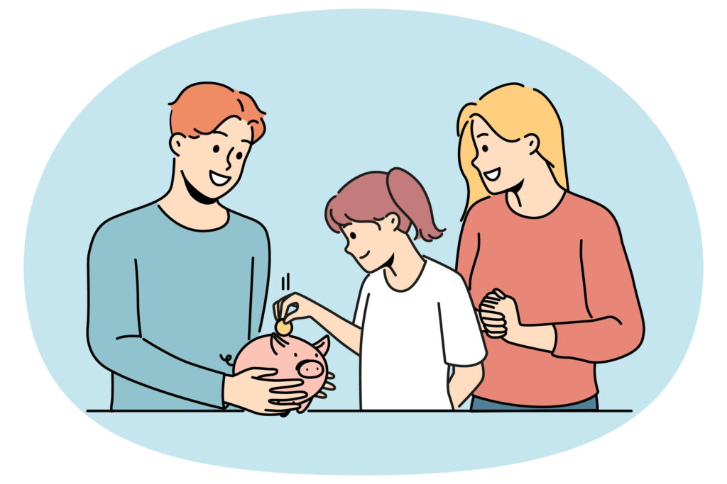 A smiling family stands together as a girl puts a coin into a piggy bank held by a man, while a woman watches and smiles, all set against a light blue background.