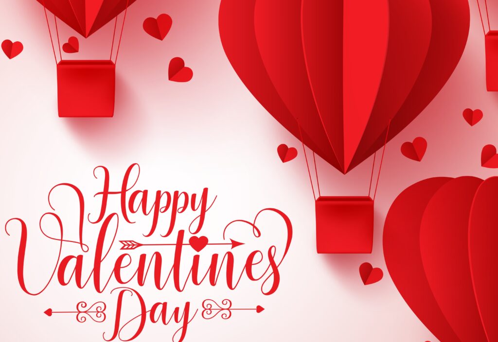 Red paper heart-shaped hot air balloons and small hearts float on a white and pink background. The text Happy Valentines Day in elegant red script appears on the left side of the image.